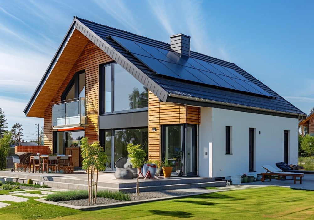 Ein schönes Haus mit blauen Himmel das energieeffizient ist